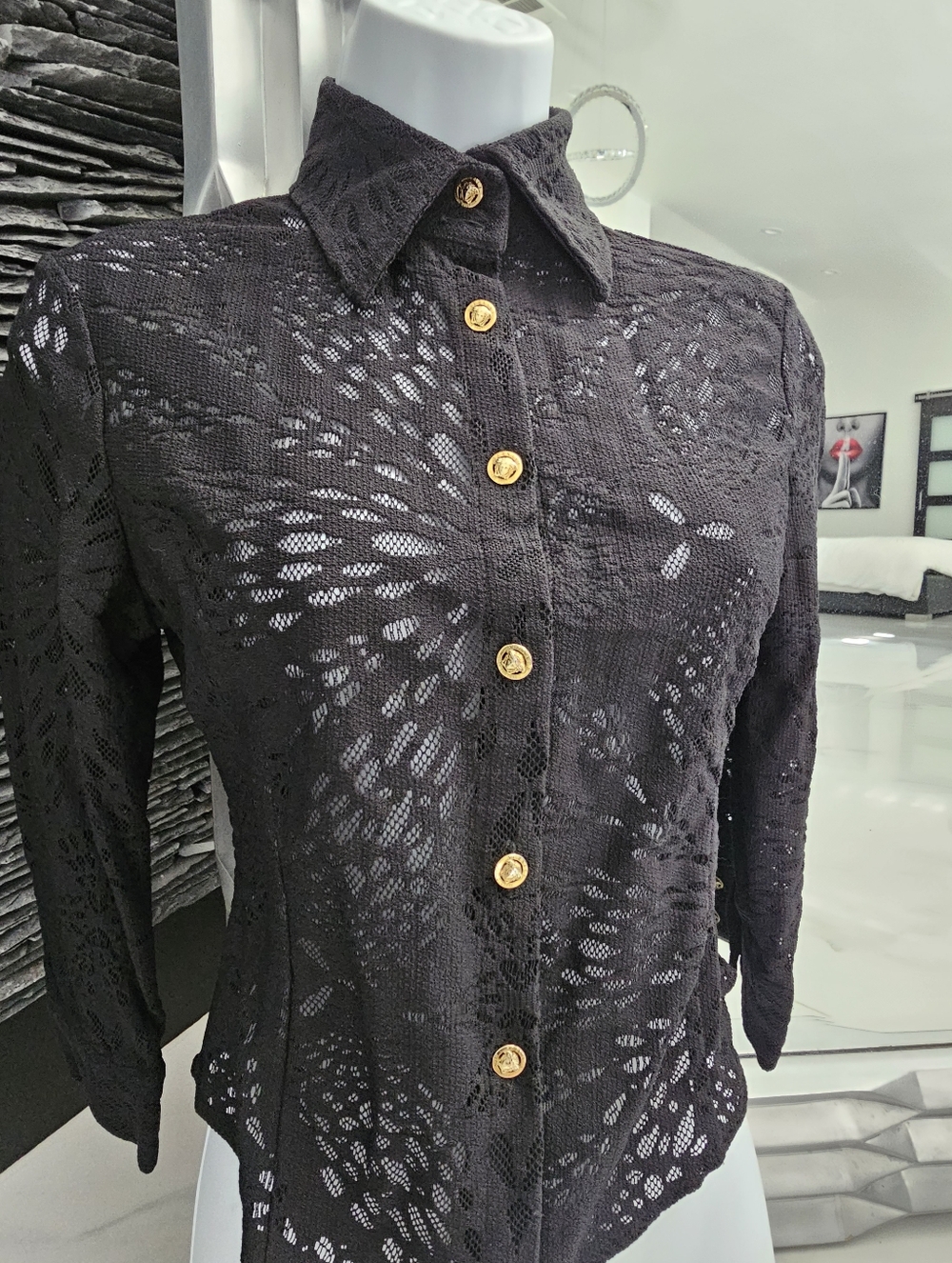 Versace Jeans Couture Black Lace Medusa Button Up Top Blouse 38 Small